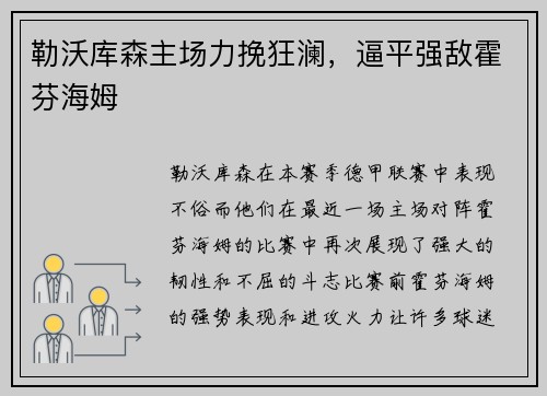 勒沃库森主场力挽狂澜，逼平强敌霍芬海姆
