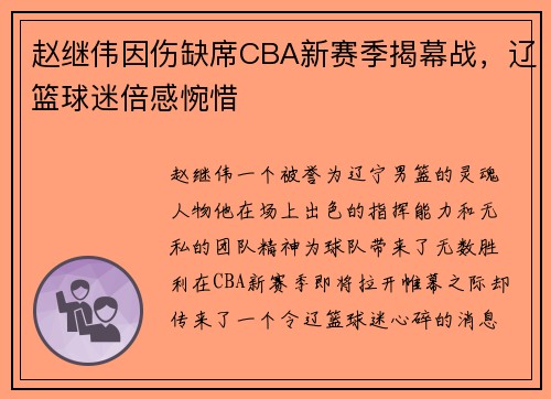 赵继伟因伤缺席CBA新赛季揭幕战，辽篮球迷倍感惋惜